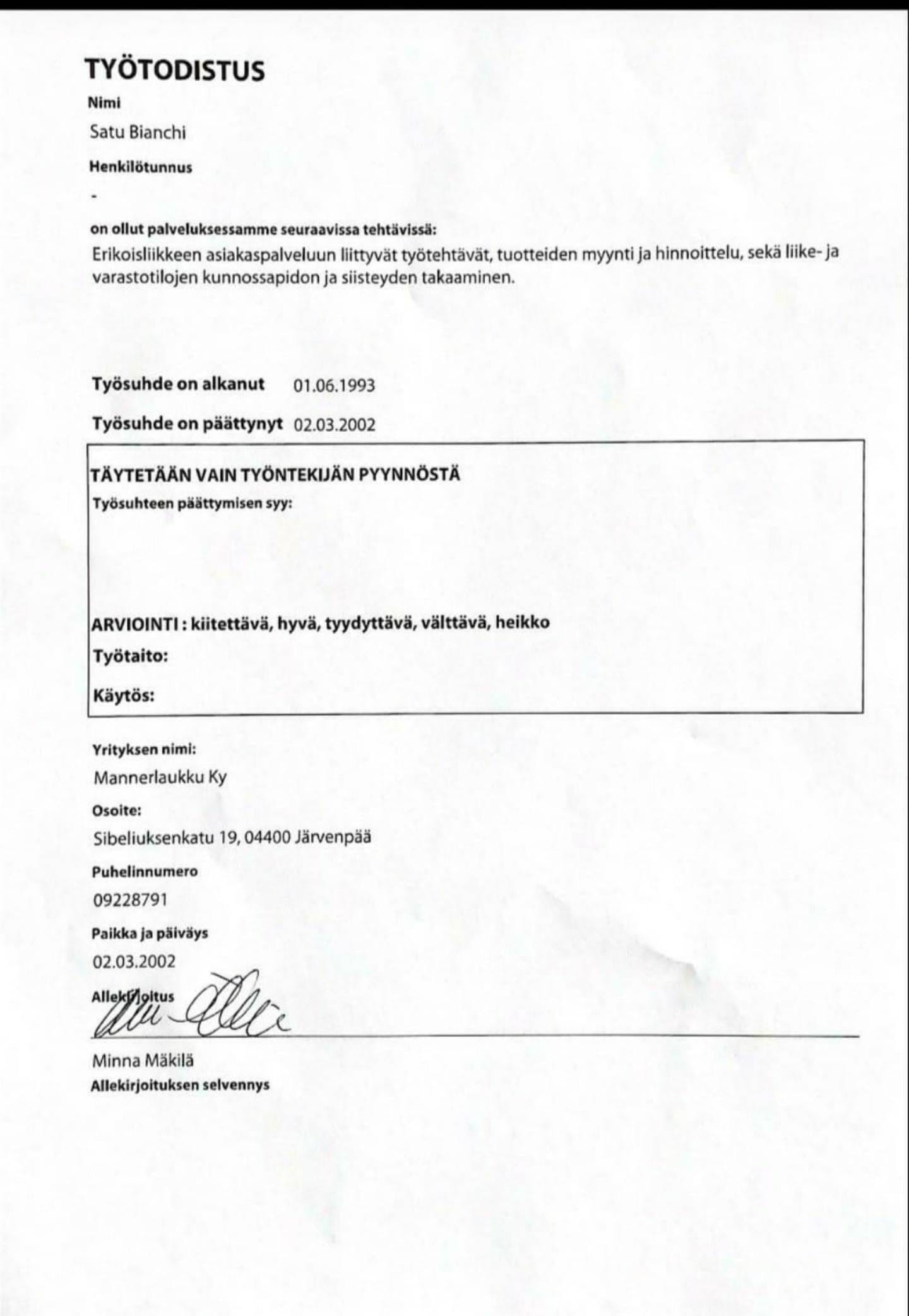 Lettera di referenza di Mannerlaukku per Satu Bianchi, che attesta quasi 10 anni di esperienza (1993-2002) e responsabilità nel retail.