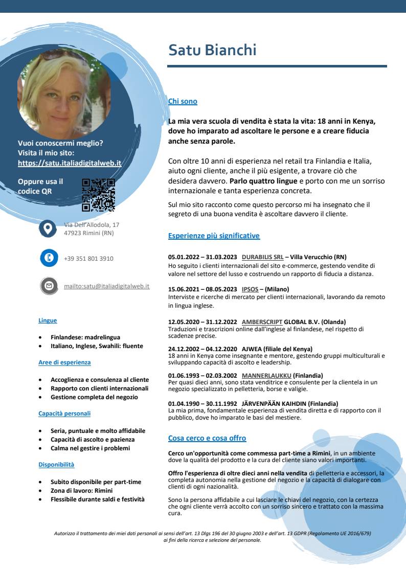 Ritratto professionale di Satu Bianchi a Nairobi nel 2003, a dimostrazione della sua serietà e adattabilità in contesti internazionali.