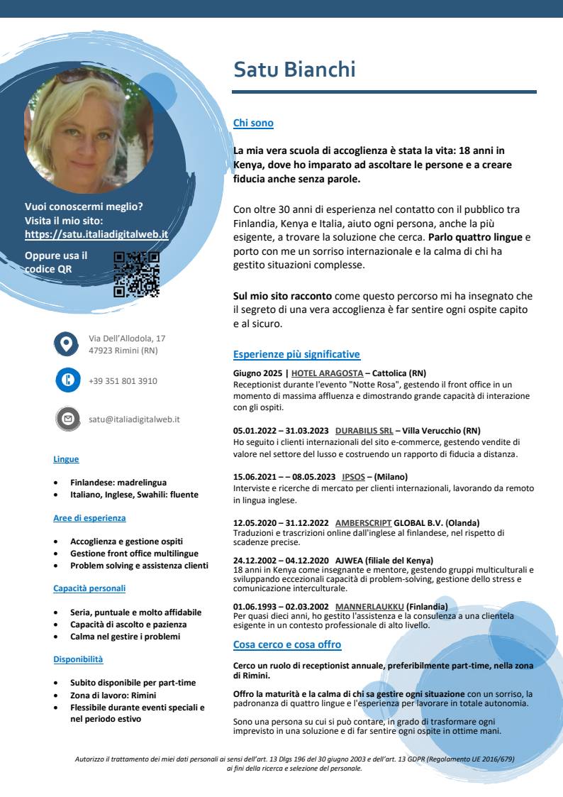 Ritratto professionale di Satu Bianchi a Nairobi nel 2003, a dimostrazione della sua serietà e adattabilità in contesti internazionali.